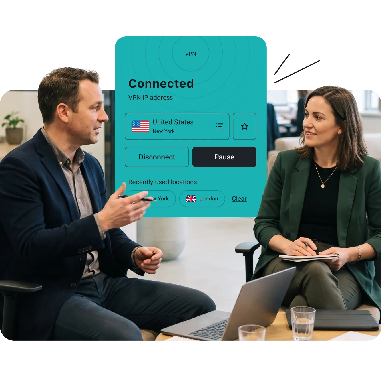 Man and woman in an office setting with a Surfshark VPN interface overlay showing Connected status to a US location.