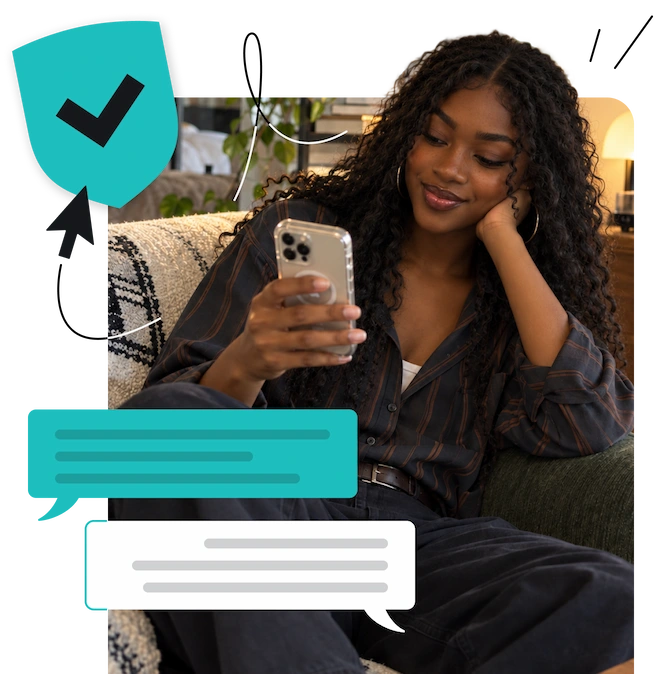 Woman on couch using smartphone with teal check shield and chat bubbles overlay.