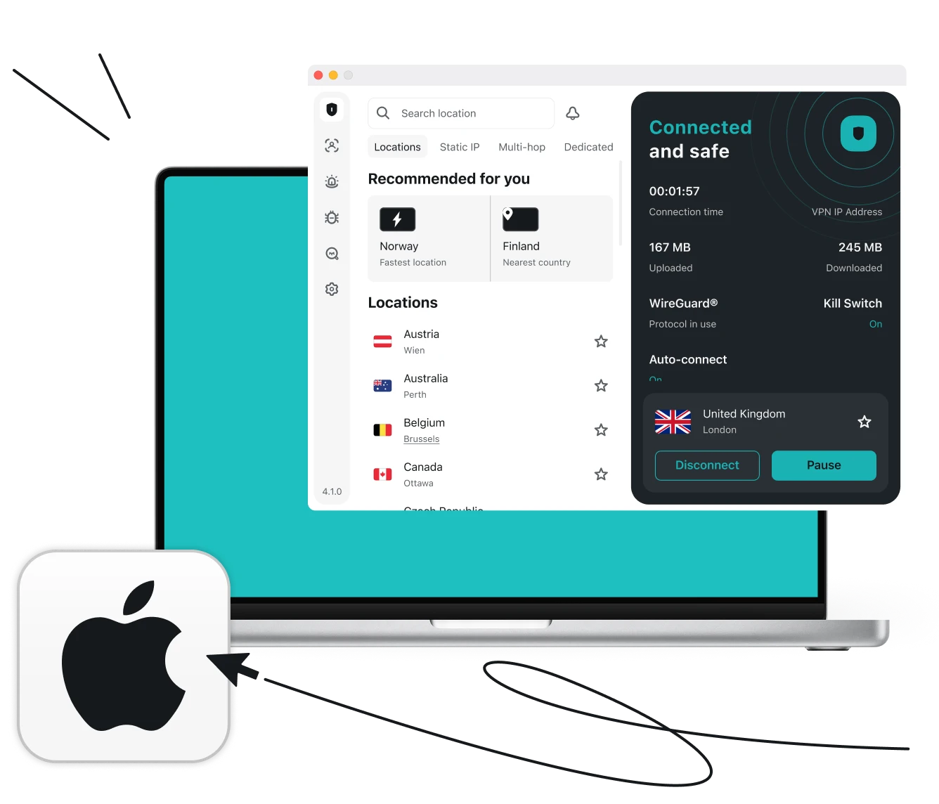 Surfshark VPN app interface on a laptop screen showing Connected and safe status with a cursor pointing to an Apple logo nearby.
