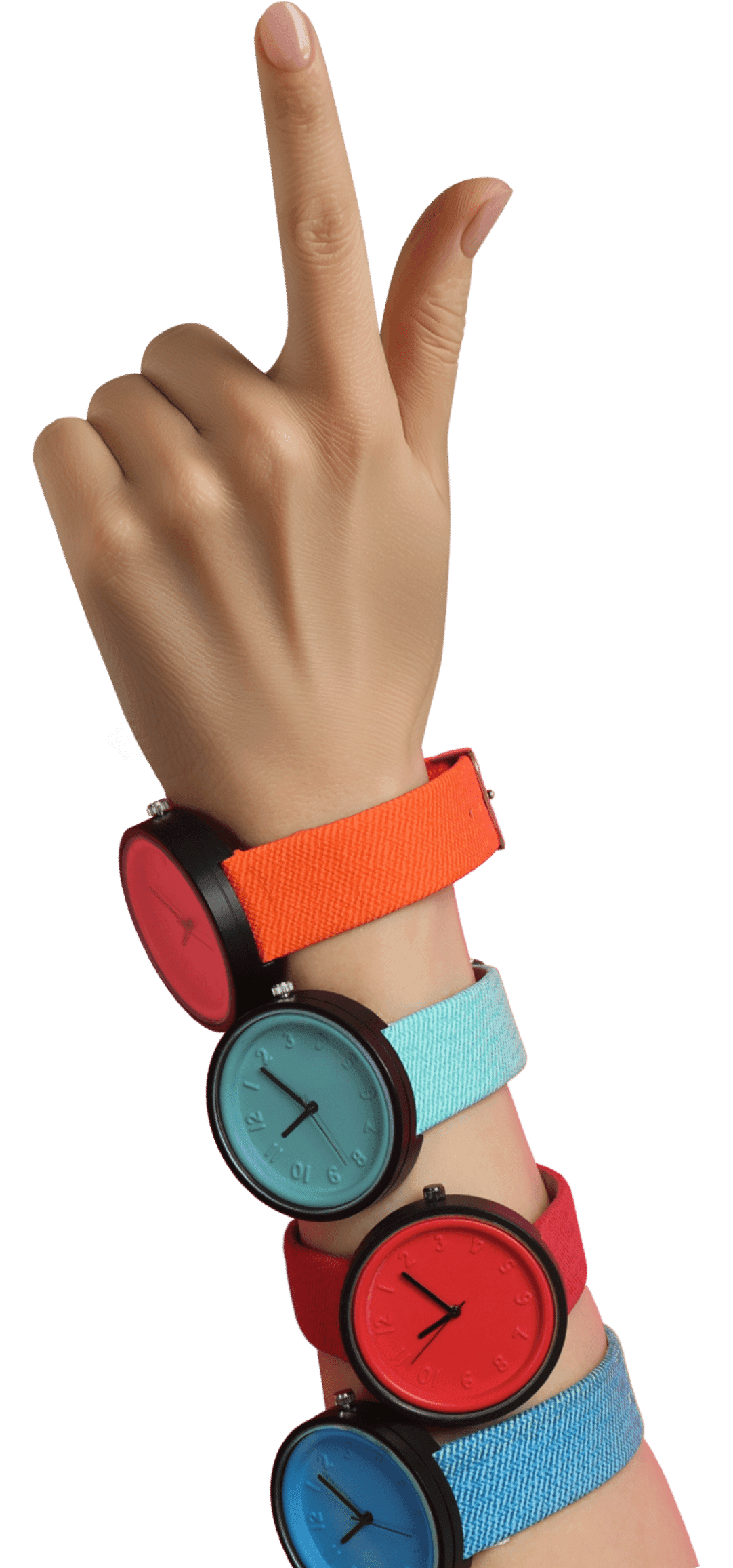 A hand with the index finger pointing up and three orange, teal, and red wristwatches on.