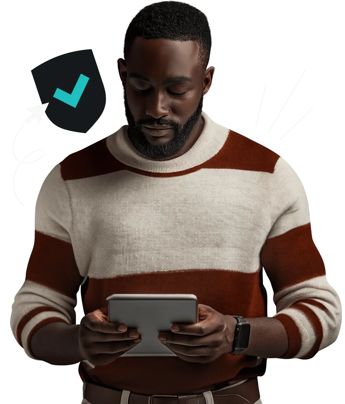 髭の生えた男性がタブレットを持ち、画面を見下ろしている。チェックマークのついたデフォルメされた盾が彼の横にある。