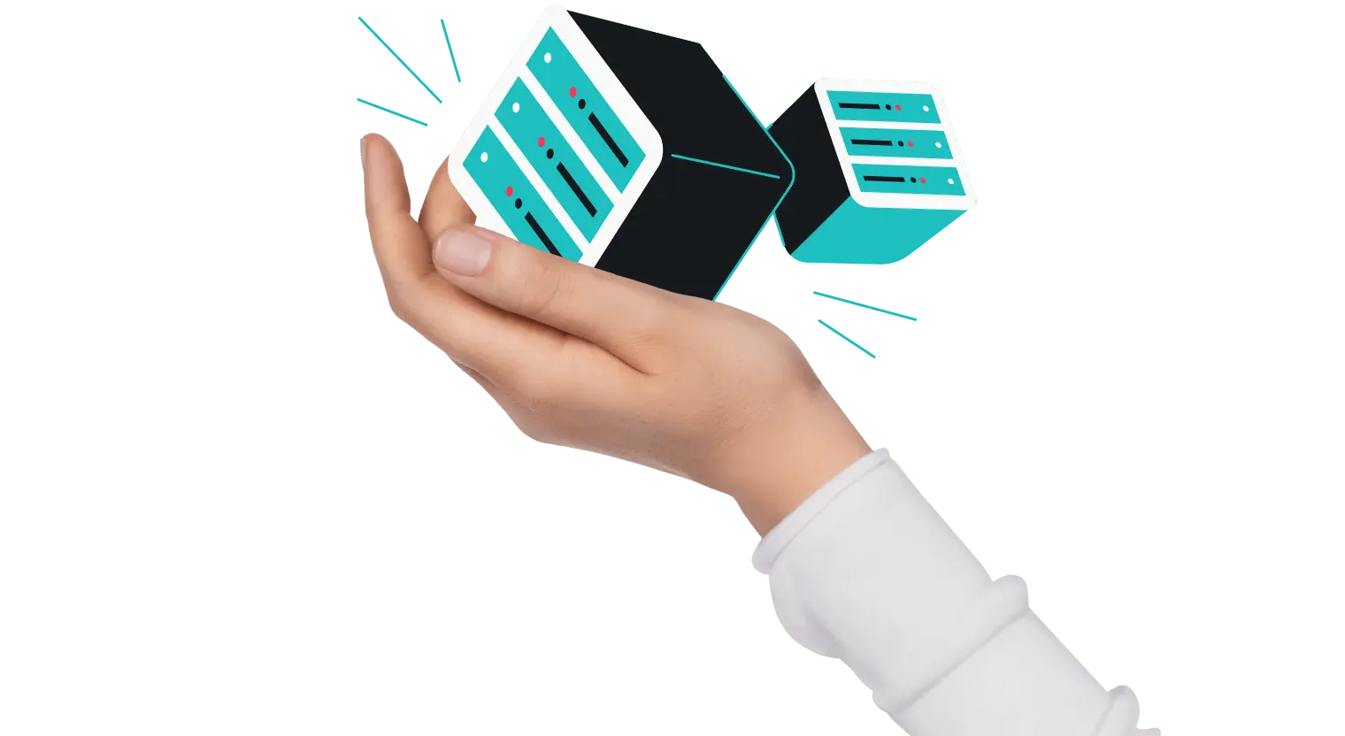 白い袖の服を着た手がデフォルメされた物理サーバーを持っている。その後ろに別のサーバーがある。