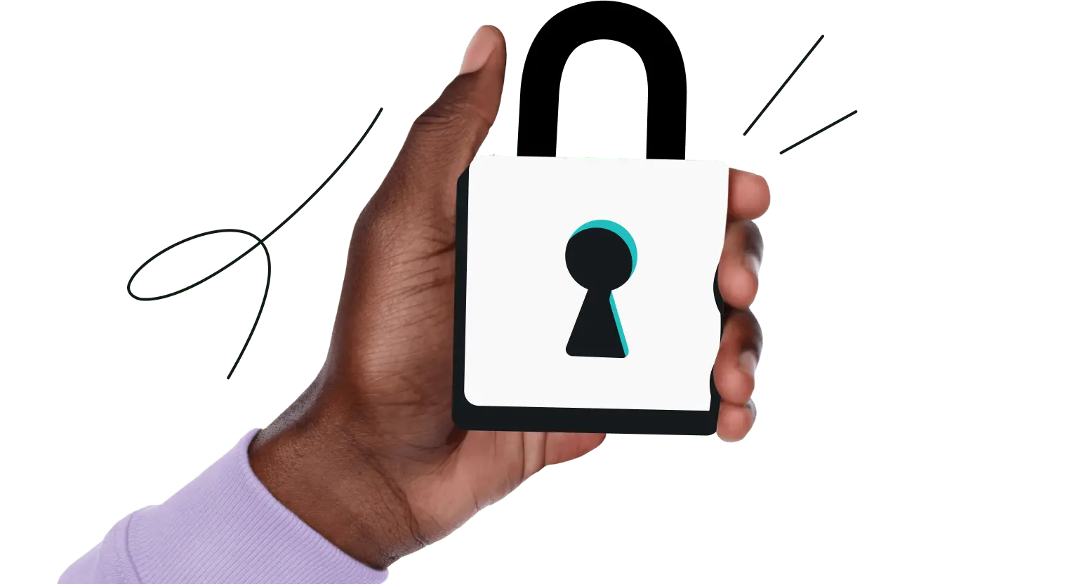 デフォルメされた白い錠前を持っており、紫色の袖の服を着た手。